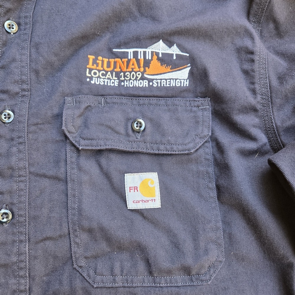 Carhartt FR Shirt Men's XL Navy Blue loose Fit Long Sleeve Liuna Logo - Picture 3 of 11